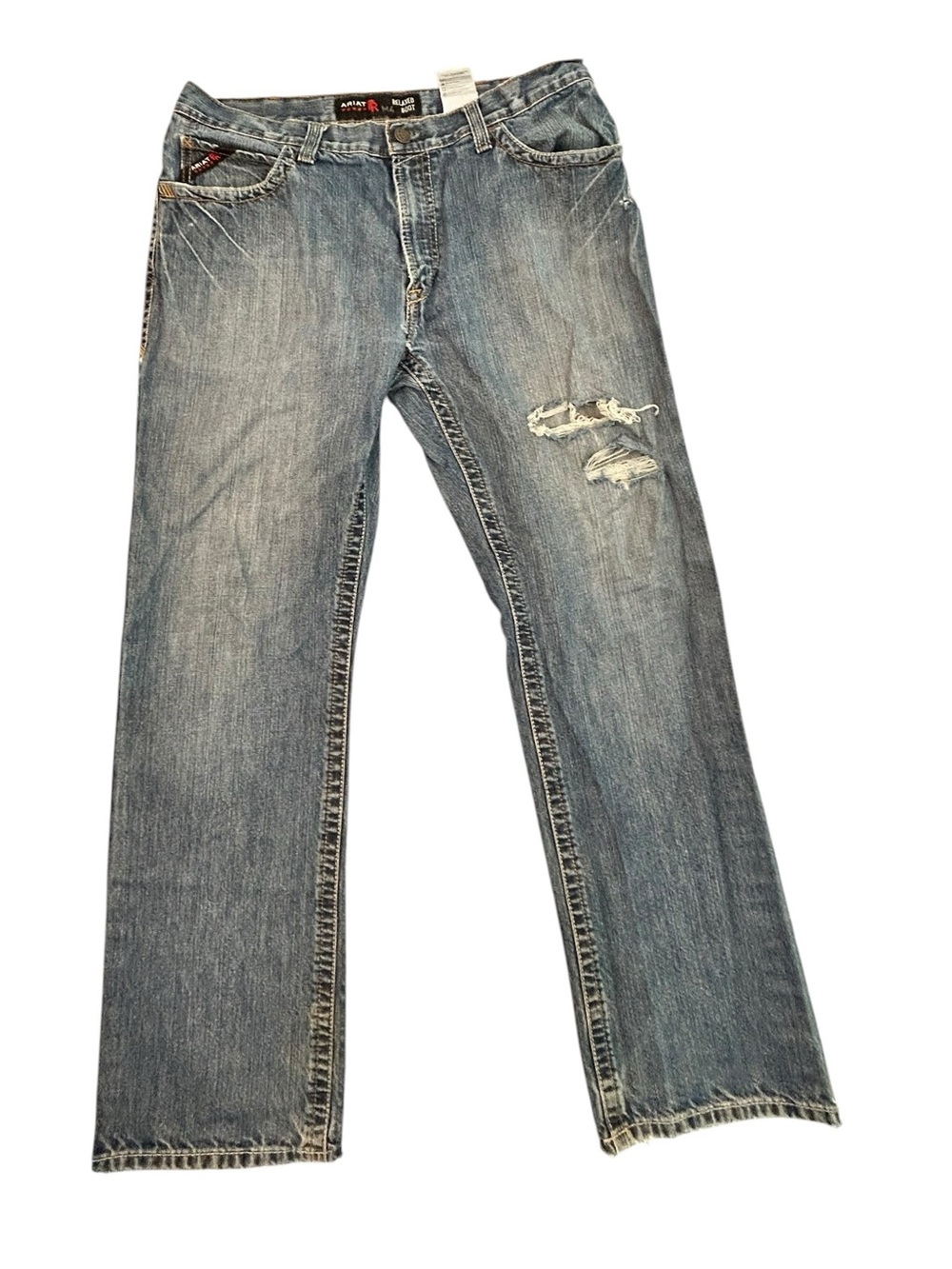 Ariat M4 Flame Resistant Cat2 Relaxed Boot Cut Distressed Men’s Blue Jeans 36/34